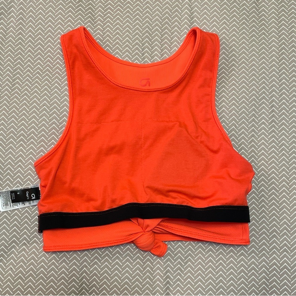 GapFit Womens Ribbed Front Knot Crop Top Neon Orange Shelf Bra Tank Small - Picture 6 of 7